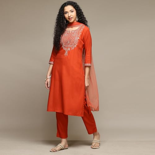 BIBA Women's Burnt Orange Rayon Straight Kurta Pants Suit Set_32 - Image 4