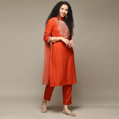 BIBA Women's Burnt Orange Rayon Straight Kurta Pants Suit Set_32 - Image 5