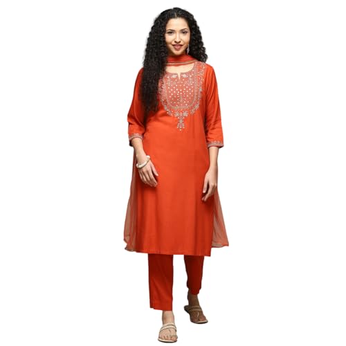 BIBA Women's Burnt Orange Rayon Straight Kurta Pants Suit Set_32 - Image 1