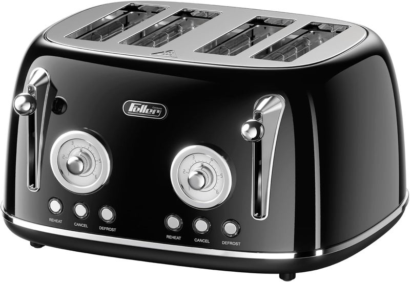 Feller Germany, Retro Style 4-Slice Toaster, 1630 W, Steel Body, 2 Dust Covers & Bun Warmers, Defrost, Reheat, & Cancel Function, 4 Extra wide Bread Slots, TO490 (RBK) - 2Y Guarantee-KSA Version - Image 1