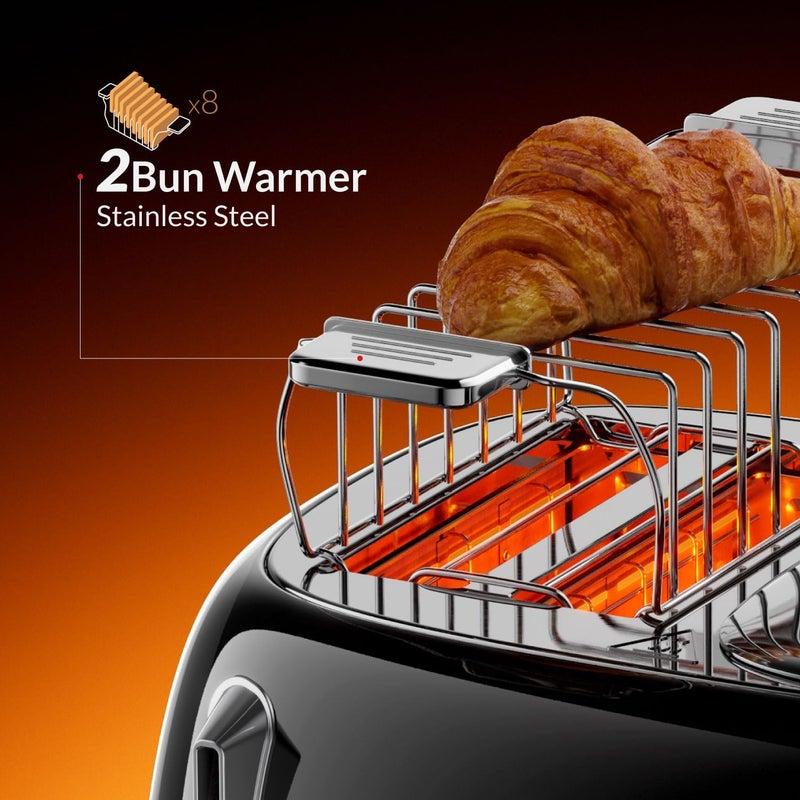 Feller Germany, Retro Style 4-Slice Toaster, 1630 W, Steel Body, 2 Dust Covers & Bun Warmers, Defrost, Reheat, & Cancel Function, 4 Extra wide Bread Slots, TO490 (RBK) - 2Y Guarantee-KSA Version - Image 2