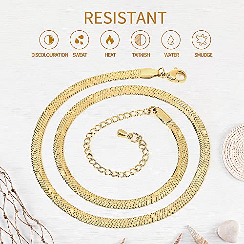 Fiusem Necklace for Women, 14K Gold Plated Herringbone Chain for women， Herringbone Snake Chain Necklace, 4mm(W) 16"(L) - Image 4