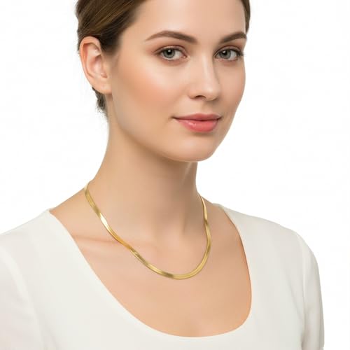 Fiusem Necklace for Women, 14K Gold Plated Herringbone Chain for women， Herringbone Snake Chain Necklace, 4mm(W) 16"(L) - Image 3