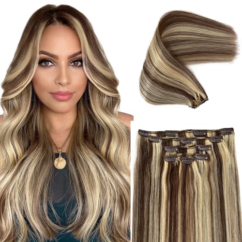 Licoville Clip in Hair Extensions Real Remy Human Hair Clip ins Medium Brown Mixed Bleach Blonde Highlight Human Hair Extensions Silky Straight Brown Blonde Clip in Extension 20 Inch 5Pieces 70G - Image 1