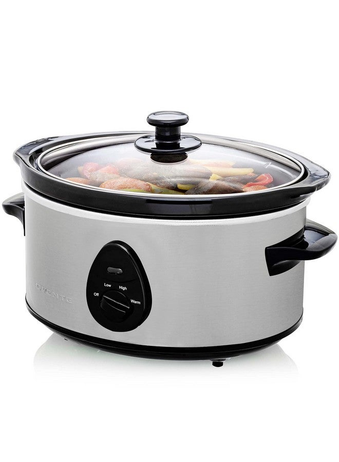 Ovente OVENTE 3.7-Quart Manual Slow Cooker with 3 Cooking Settings, Dishwasher Safe Stoneware and Glass Lid, Stainless Steel Body, Removable Oval Pot for Entrees, Soups, Sauces, Stews & Dips, Silver SLO35ABR - Image 1