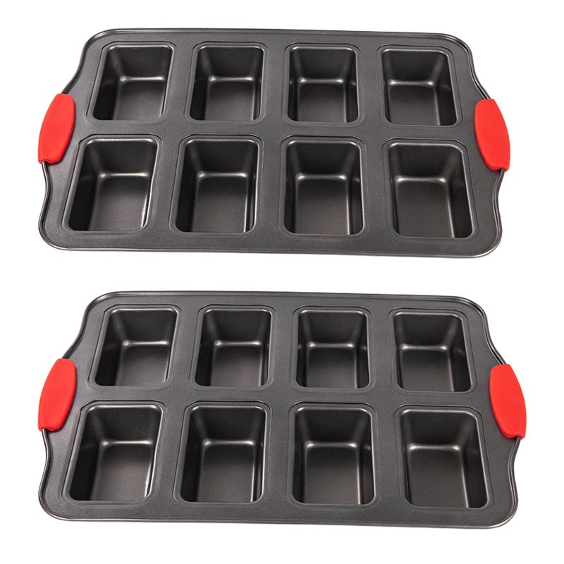 PLAZOTTA 2 Packs 8 Cavity Non-Stock Mini Loaf Pan with Silicone Handle, Mini Bread Loaf Baking Pan Mini Brownie Pan Cheesecake Mould Rectangular Bar - Image 1