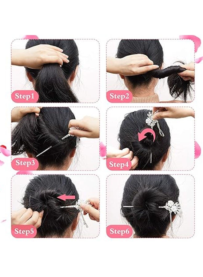Happy D 2 pieces of women's Chinese hair sticks with rhinestones, silver hair chopsticks, vintage Japanese hair pins, pearl tassel flower hair sticks, traditional Hanfu metal hair bun, Updo hairstyle suitable for women, girls, brides - Image 5