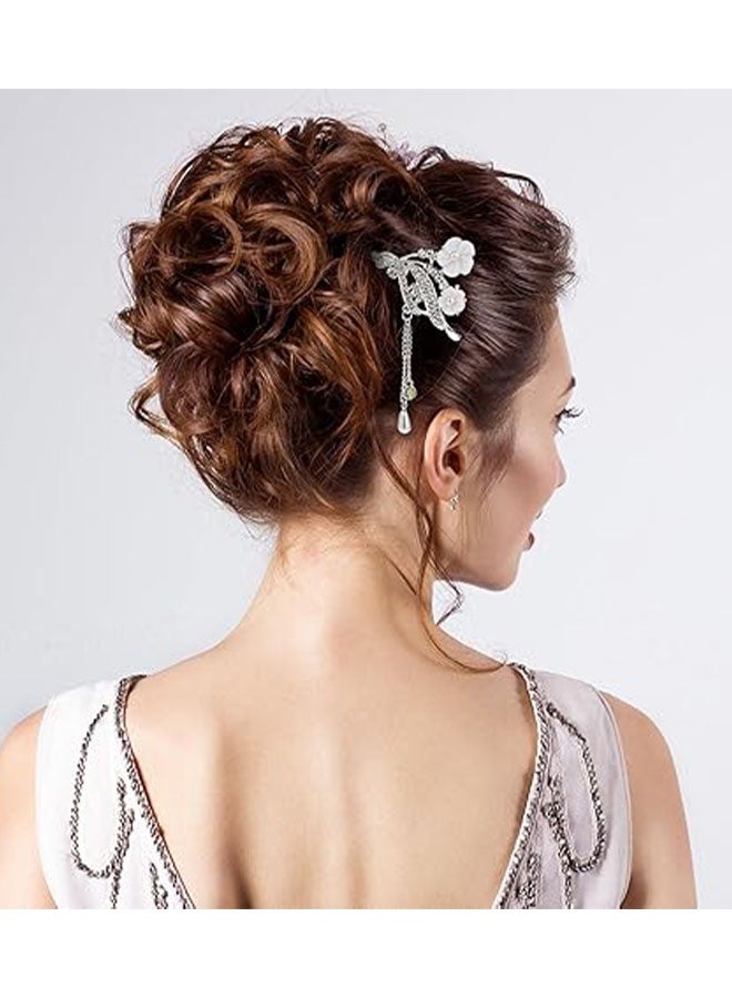 Happy D 2 pieces of women's Chinese hair sticks with rhinestones, silver hair chopsticks, vintage Japanese hair pins, pearl tassel flower hair sticks, traditional Hanfu metal hair bun, Updo hairstyle suitable for women, girls, brides - Image 4