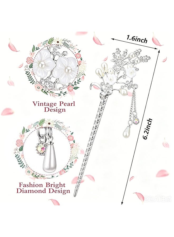 Happy D 2 pieces of women's Chinese hair sticks with rhinestones, silver hair chopsticks, vintage Japanese hair pins, pearl tassel flower hair sticks, traditional Hanfu metal hair bun, Updo hairstyle suitable for women, girls, brides - Image 2