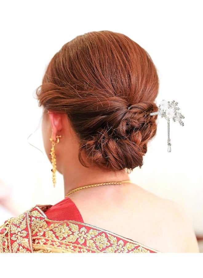 Happy D 2 pieces of women's Chinese hair sticks with rhinestones, silver hair chopsticks, vintage Japanese hair pins, pearl tassel flower hair sticks, traditional Hanfu metal hair bun, Updo hairstyle suitable for women, girls, brides - Image 3