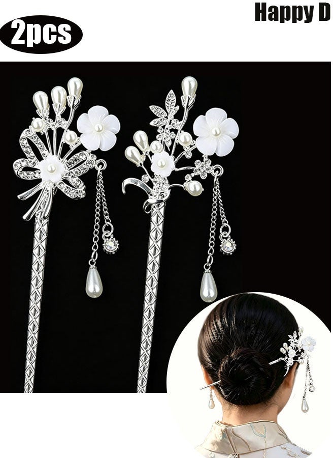 Happy D 2 pieces of women's Chinese hair sticks with rhinestones, silver hair chopsticks, vintage Japanese hair pins, pearl tassel flower hair sticks, traditional Hanfu metal hair bun, Updo hairstyle suitable for women, girls, brides - Image 1