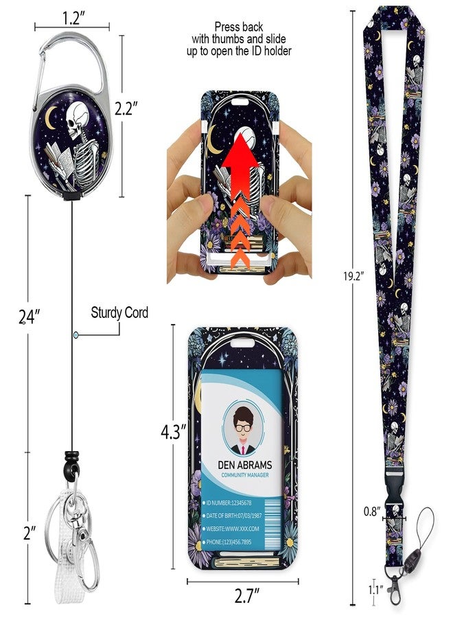 Piefly Lanyards for Id Badges, Funny Badge Holder with Retractable Badge Reel Clip, Skull Skeleton Reading Book Card Name Tag Lanyard Vertical ID Card Protector for Women Nurse Doctor Teacher Student - Image 5