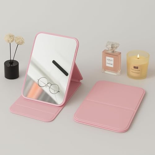 ONICORN Portable Makeup Mirror with Foldable Stand | Adjustable Vanity Mirror for Travel, Desk & Home | Compact Lightweight Design for Skincare, Grooming & Daily Use – Pink - Image 1