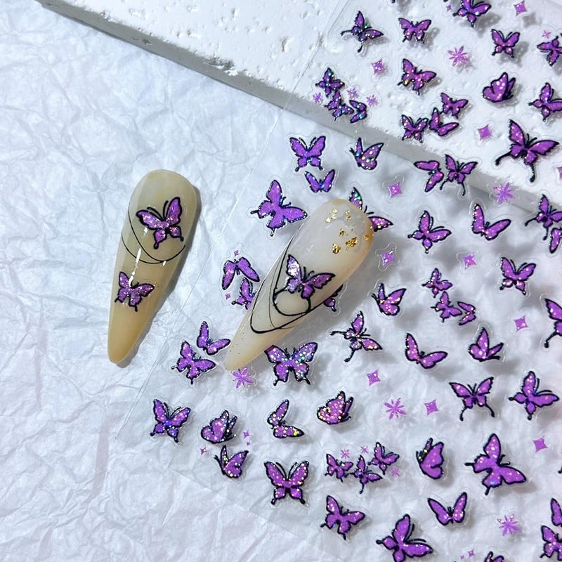 Sevgob 4Sheets Butterfly Nail Stickers 5D Embossed Purple Blue Green Black Nail Decals Animal Prints Nail Designs Spring Nails Supplies 3D Self-Adhesive Cute Nails Stickers Decals for Women DIY Manicure - Image 3
