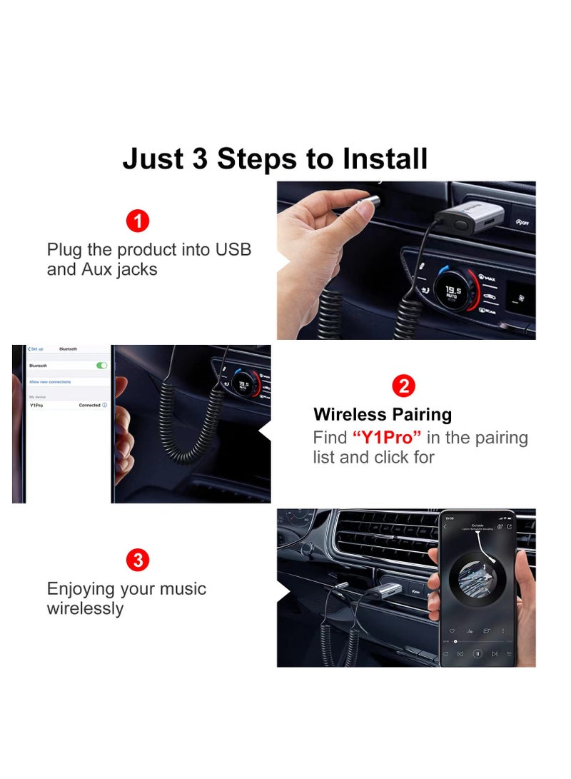 Bluetooth Aux Adapter for Car, Car Bluetooth v5.3 Wireless Receiver USB to 3.5mm Jack Adapter Built-in Microphone Aux Input for Hands-Free Calls, Plug and Play, Auto Power on for Car Speaker - Image 2