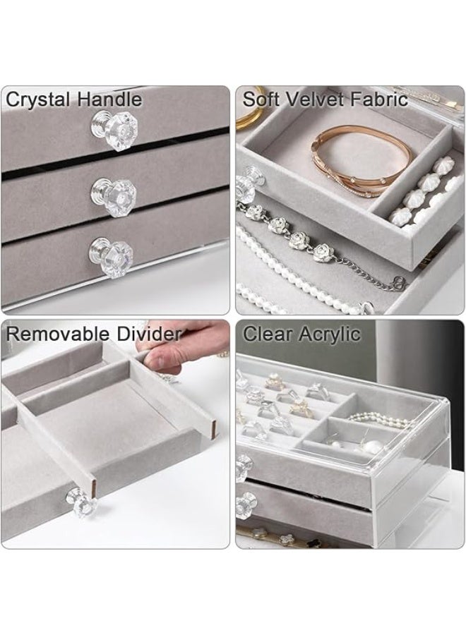 منظم مجوهرات أكريليك شفاف مع 3 أدراج مخملية – صندوق تخزين أنيق للأقراط والخواتم والأساور للنساء | حامل مجوهرات شفاف بتصميم راقٍ لإضافة لمسة فخمة إلى تسريحتك أو خزانة ملابسك - Image 3