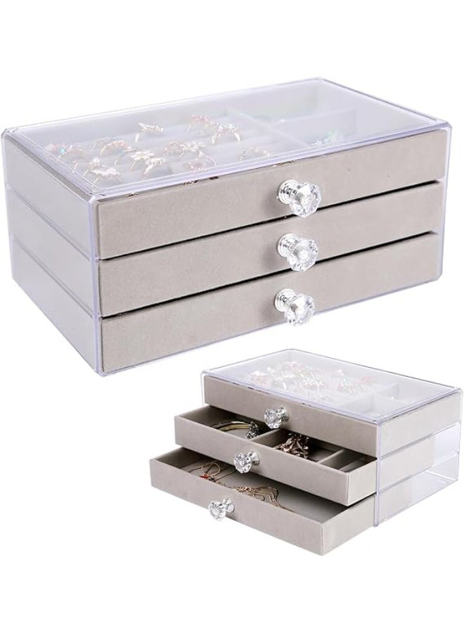 منظم مجوهرات أكريليك شفاف مع 3 أدراج مخملية – صندوق تخزين أنيق للأقراط والخواتم والأساور للنساء | حامل مجوهرات شفاف بتصميم راقٍ لإضافة لمسة فخمة إلى تسريحتك أو خزانة ملابسك - Image 2