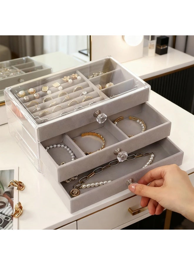 منظم مجوهرات أكريليك شفاف مع 3 أدراج مخملية – صندوق تخزين أنيق للأقراط والخواتم والأساور للنساء | حامل مجوهرات شفاف بتصميم راقٍ لإضافة لمسة فخمة إلى تسريحتك أو خزانة ملابسك - Image 1