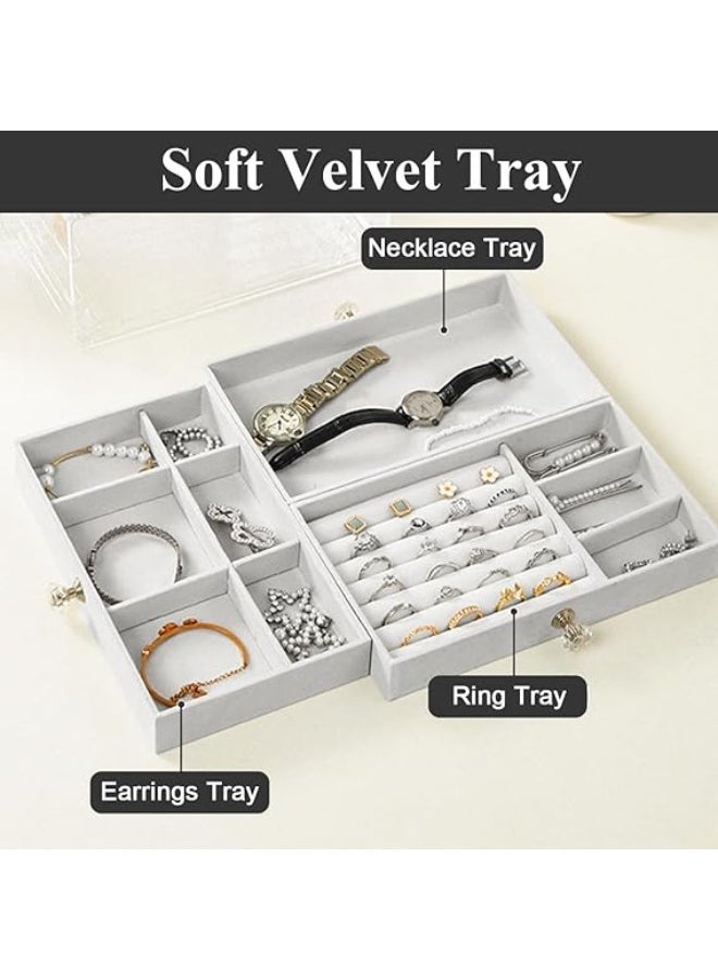 منظم مجوهرات أكريليك شفاف مع 3 أدراج مخملية – صندوق تخزين أنيق للأقراط والخواتم والأساور للنساء | حامل مجوهرات شفاف بتصميم راقٍ لإضافة لمسة فخمة إلى تسريحتك أو خزانة ملابسك - Image 5