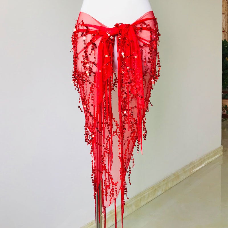 In stock belly dance waist chain beginner Indian dance practice hip towel tassel sequined triangle towel belt performance waist towel Red