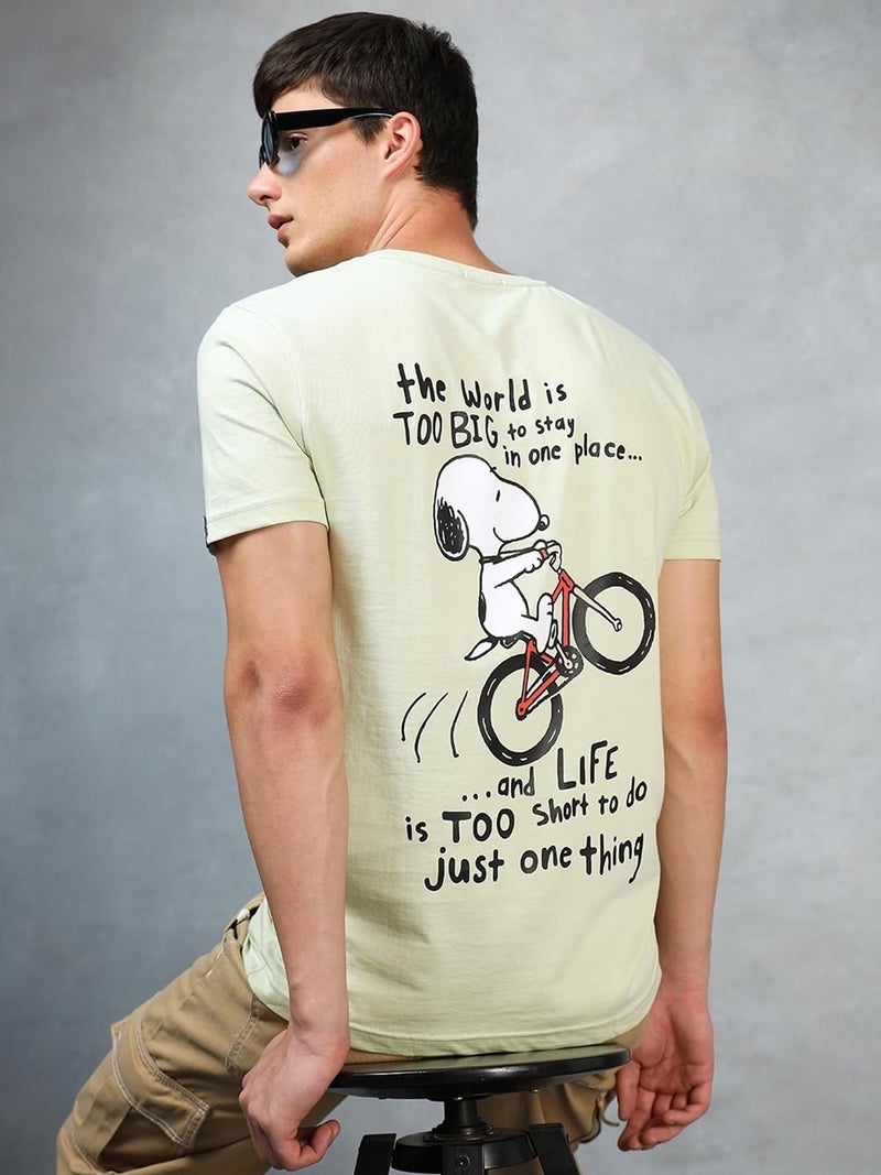 Bewakoof X Official Peanuts Merchandise Men's Move On Graphic Print 100% Cotton T-Shirt - Regular Fit, Round Neck, Half Sleeves Green - Image 2