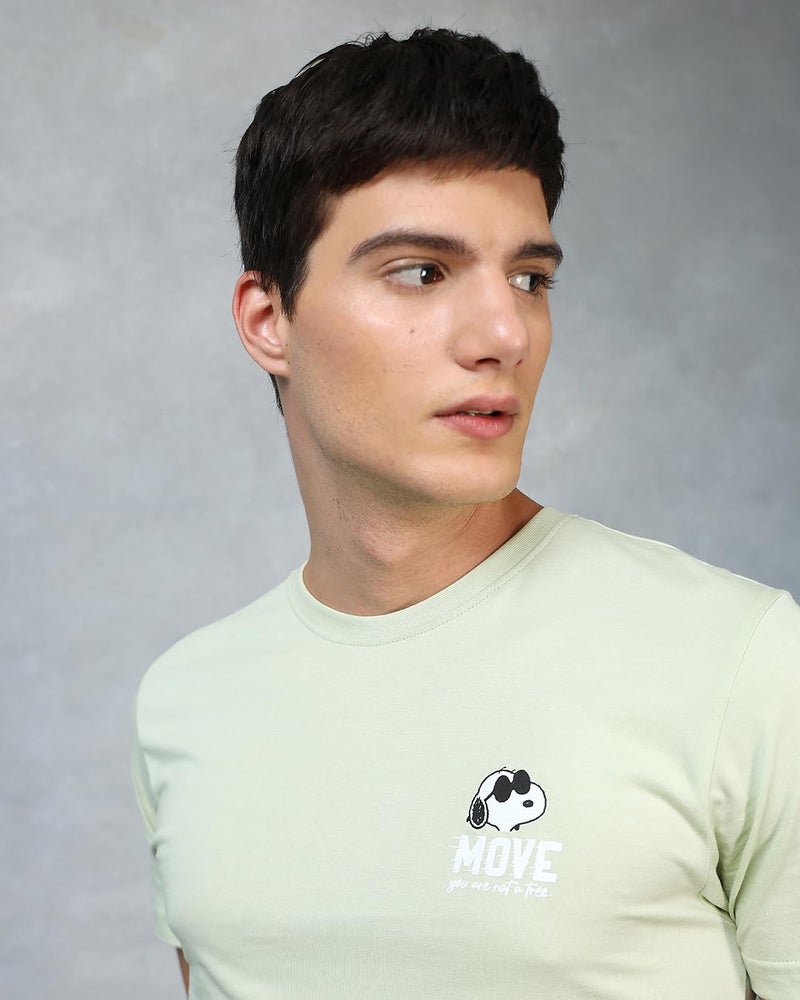 Bewakoof X Official Peanuts Merchandise Men's Move On Graphic Print 100% Cotton T-Shirt - Regular Fit, Round Neck, Half Sleeves Green - Image 5