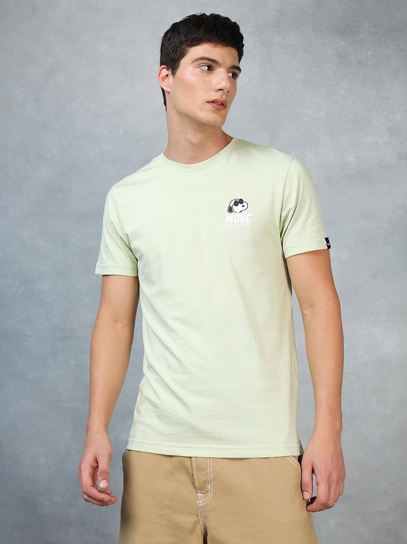 Bewakoof X Official Peanuts Merchandise Men's Move On Graphic Print 100% Cotton T-Shirt - Regular Fit, Round Neck, Half Sleeves Green - Image 3