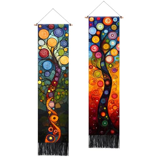 AOHMPT Pack of 2 Long Vertical Tapestry,Nature Landscape Tapestry with Serene Mountain River, Moon & Sun Motifs,Traditional Ink Painting Wall Art , Zen Aesthetic Wall Hanging for Living Room Bedroom Decor 13" W x 51" H" - Image 1