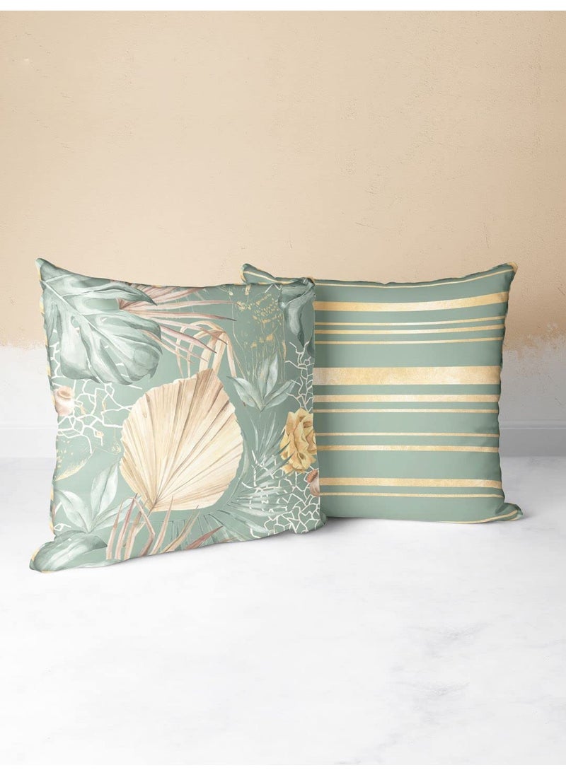 Bianca BIANCA Designer Reversible Printed Silk Linen Cushion Covers -2pc 16 X16 Set (Suzane) | with Contrast Front & Back Digital Print | - Hidden Zipper Floral-Stripe-sage/Beige  - Image 1