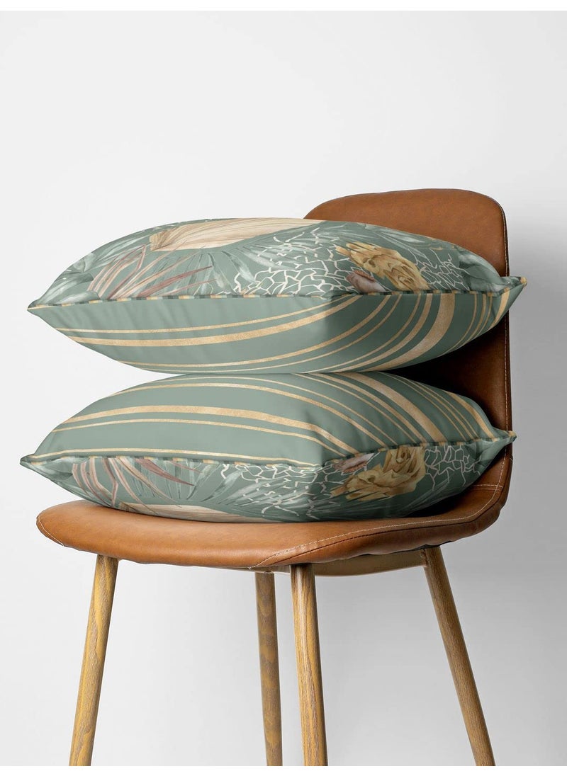 Bianca BIANCA Designer Reversible Printed Silk Linen Cushion Covers -2pc 16 X16 Set (Suzane) | with Contrast Front & Back Digital Print | - Hidden Zipper Floral-Stripe-sage/Beige  - Image 2