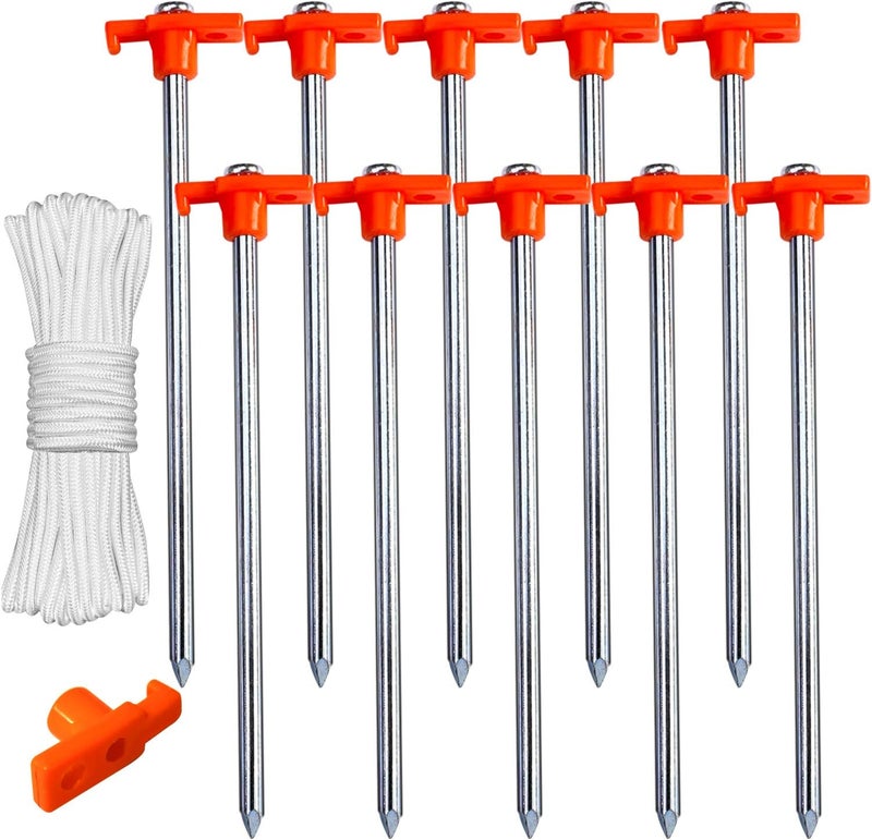AbcCanopy 11 Inch Tent Stakes 10 Pcs Non-Rust Metal Ground Anchors, Heavy Duty Spikes with 4 Ropes for Outdoor Camping, Orange - Image 1