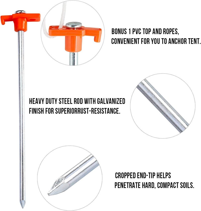 AbcCanopy 11 Inch Tent Stakes 10 Pcs Non-Rust Metal Ground Anchors, Heavy Duty Spikes with 4 Ropes for Outdoor Camping, Orange - Image 3