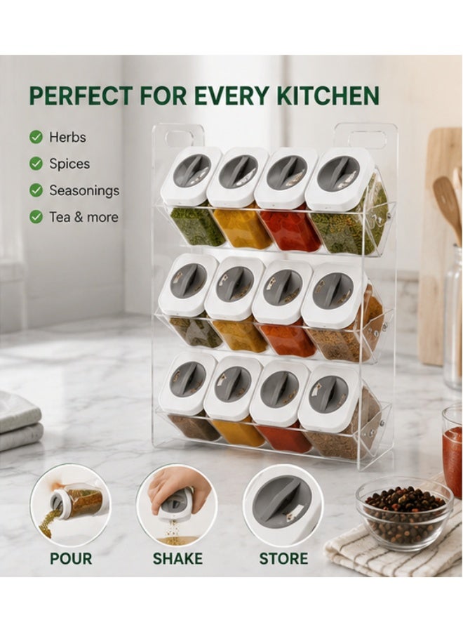 Kitchen Spice Organizer Set with 12 Clear Acrylic 250ml Spice Jars & 3-Tier Display Rack (37 × 26 cm) – Rotating 3-Position Dispensing Lids, Space-Saving Countertop Storage, Easy Refill & Cleaning - Image 4