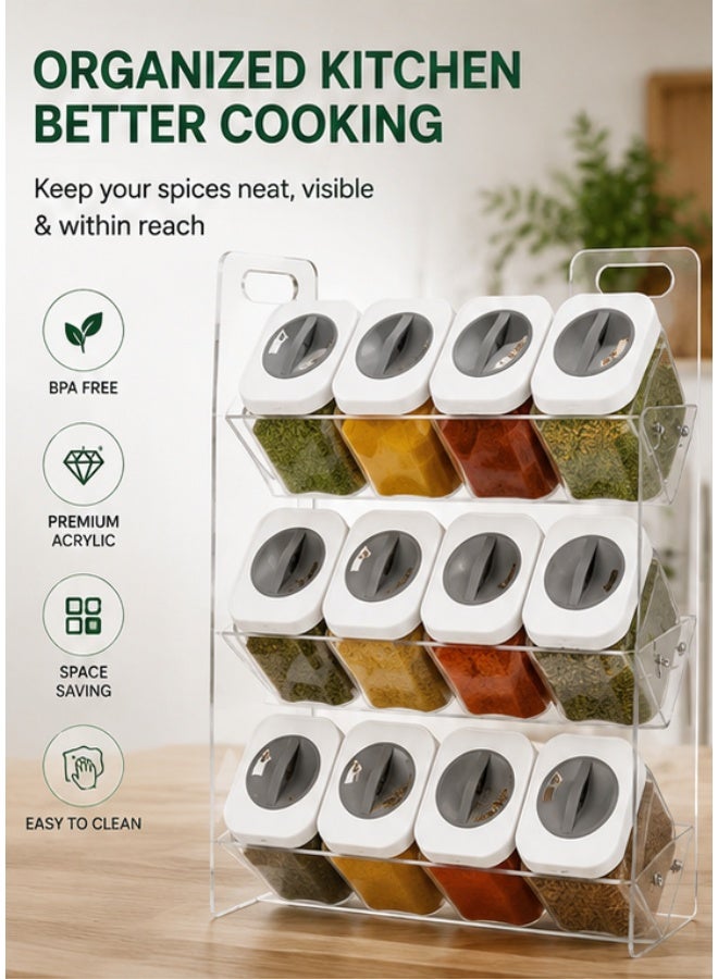 Kitchen Spice Organizer Set with 12 Clear Acrylic 250ml Spice Jars & 3-Tier Display Rack (37 × 26 cm) – Rotating 3-Position Dispensing Lids, Space-Saving Countertop Storage, Easy Refill & Cleaning - Image 1