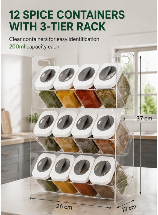 Kitchen Spice Organizer Set with 12 Clear Acrylic 250ml Spice Jars & 3-Tier Display Rack (37 × 26 cm) – Rotating 3-Position Dispensing Lids, Space-Saving Countertop Storage, Easy Refill & Cleaning - Image 2