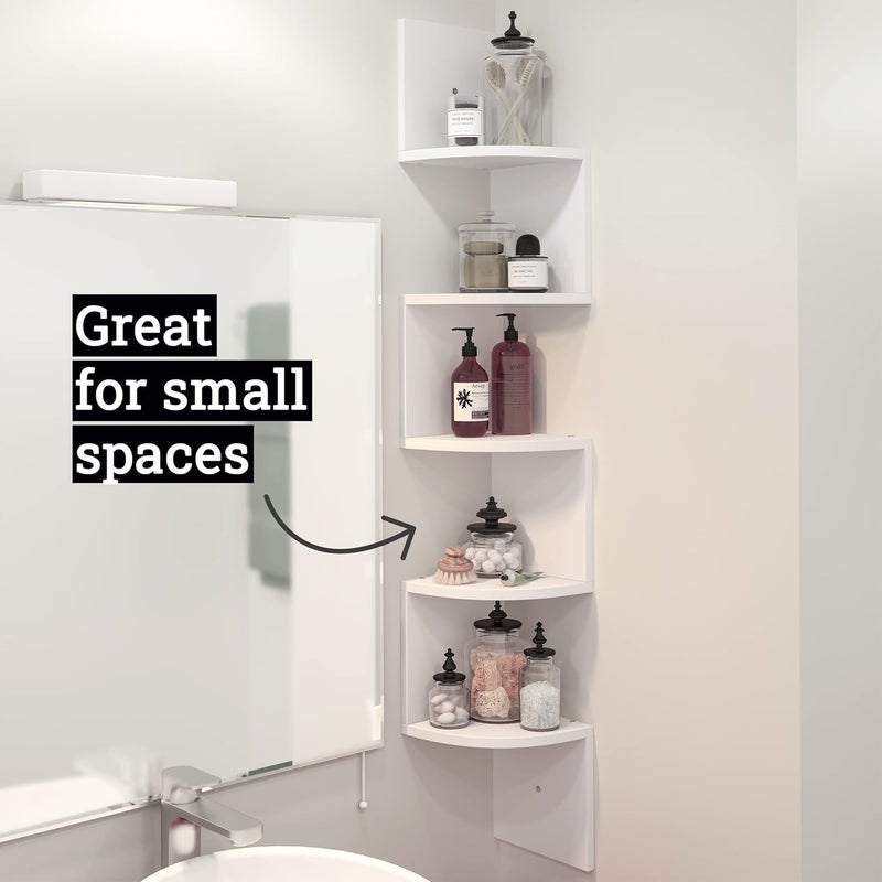 Greenco 5Tier Floating Corner Shelves Wall Organizer Storage EasytoAssemble Wall Mount Shelves for Bedrooms Bathroom Kitchen Offices and Living RoomsRustic White Finish - Image 2