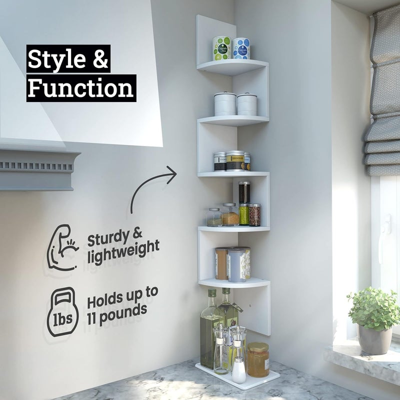 Greenco 5Tier Floating Corner Shelves Wall Organizer Storage EasytoAssemble Wall Mount Shelves for Bedrooms Bathroom Kitchen Offices and Living RoomsRustic White Finish - Image 5