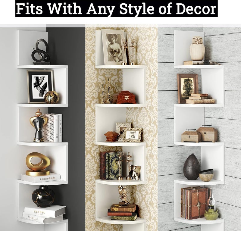 Greenco 5Tier Floating Corner Shelves Wall Organizer Storage EasytoAssemble Wall Mount Shelves for Bedrooms Bathroom Kitchen Offices and Living RoomsRustic White Finish - Image 4
