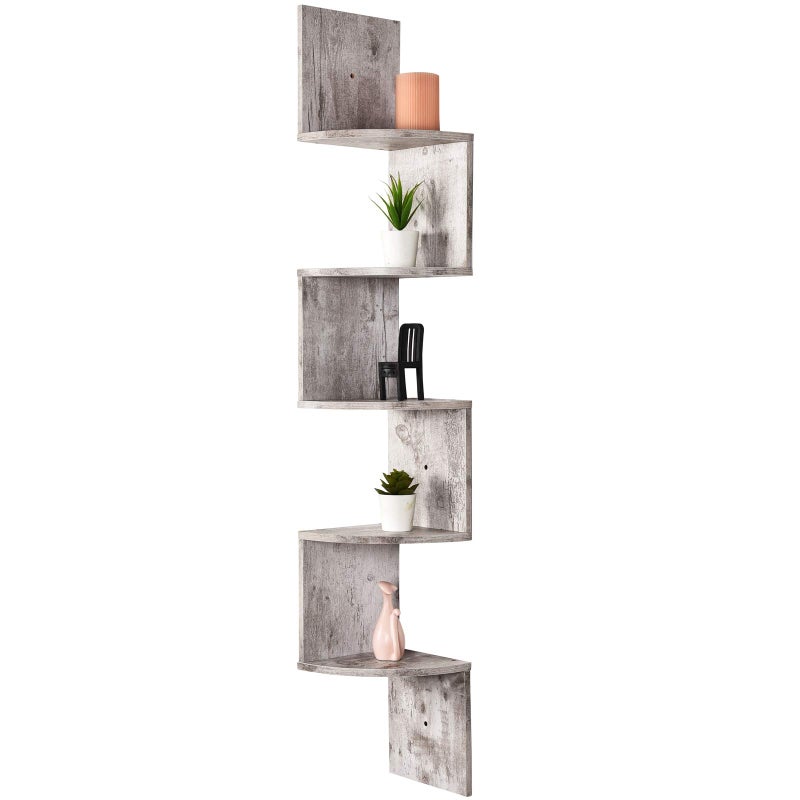 Greenco 5Tier Floating Corner Shelves Wall Organizer Storage EasytoAssemble Wall Mount Shelves for Bedrooms Bathroom Kitchen Offices and Living RoomsRustic White Finish - Image 1