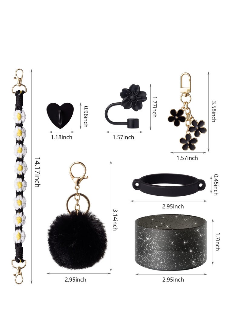 Generic 7Pcs Black Stanley Cup Accessories Set - Water Bottle Handle Strap, Silicone Flower Straw Topper Cover Cap, Silicone Stanley Boot, Pompom and Flower Charms for Stanley Cup Tumbler 30oz 40oz  - Image 2