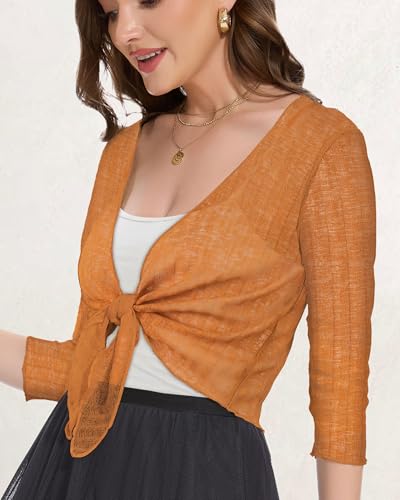 CHICGAL Women Crop Cardigan Sheer Mesh Bolero Shrug for Dress Tie Front 3/4 Sleeve Tops (Coffee,L) - Image 3