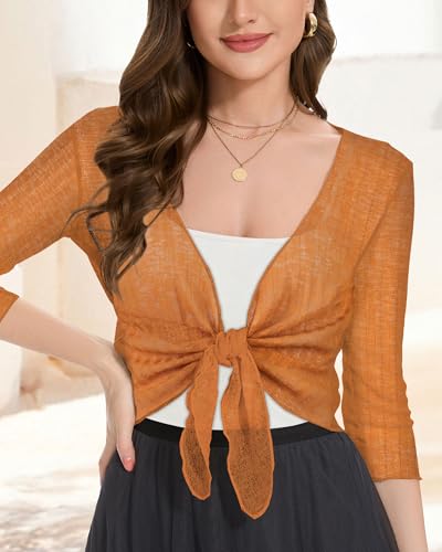 CHICGAL Women Crop Cardigan Sheer Mesh Bolero Shrug for Dress Tie Front 3/4 Sleeve Tops (Coffee,L) - Image 5