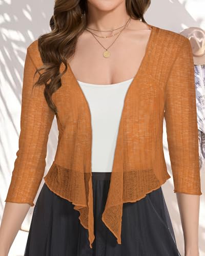 CHICGAL Women Crop Cardigan Sheer Mesh Bolero Shrug for Dress Tie Front 3/4 Sleeve Tops (Coffee,L) - Image 2