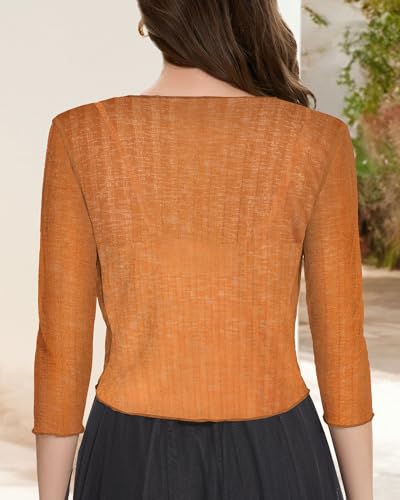 CHICGAL Women Crop Cardigan Sheer Mesh Bolero Shrug for Dress Tie Front 3/4 Sleeve Tops (Coffee,L) - Image 4