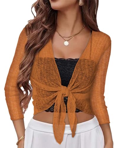 CHICGAL Women Crop Cardigan Sheer Mesh Bolero Shrug for Dress Tie Front 3/4 Sleeve Tops (Coffee,L) - Image 1