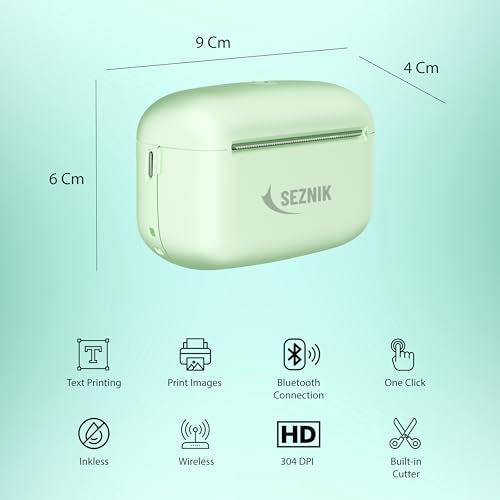 SEZNIK Mini Printer, Ultra HD Print 304 dpi | Inkless | Portable | Bluetooth Compatible with Android iOS | 1 Year Warranty (Mini-UltraHD-Green) - Image 3