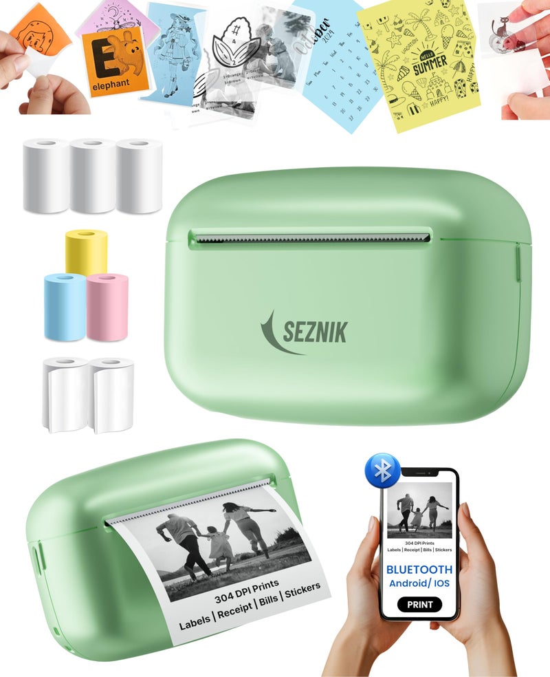 SEZNIK Mini Printer, Ultra HD Print 304 dpi | Inkless | Portable | Bluetooth Compatible with Android iOS | 1 Year Warranty (Mini-UltraHD-Green) - Image 1