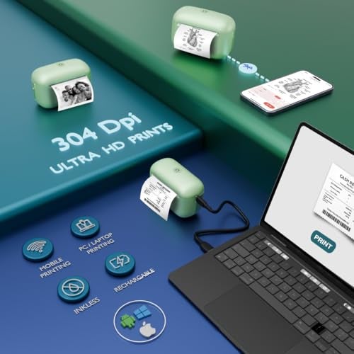 SEZNIK Mini Printer, Ultra HD Print 304 dpi | Inkless | Portable | Bluetooth Compatible with Android iOS | 1 Year Warranty (Mini-UltraHD-Green) - Image 2