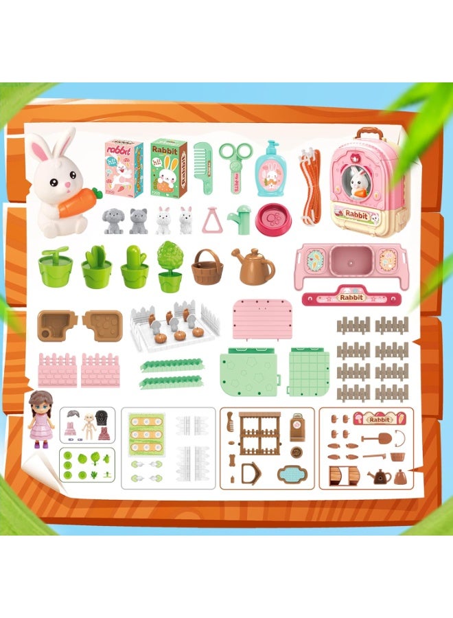 LBMT لعبة لعب تظاهرية لدمية أرنب أليف مع حقيبة ظهر حاملة، مجموعة لعب للعناية 3 في 1، إكسسوارات لعب تظاهرية ولعبة مجفف شعر، مجموعة لعب دور أرنب للفتيات بعمر 3+ عامًا - Image 2