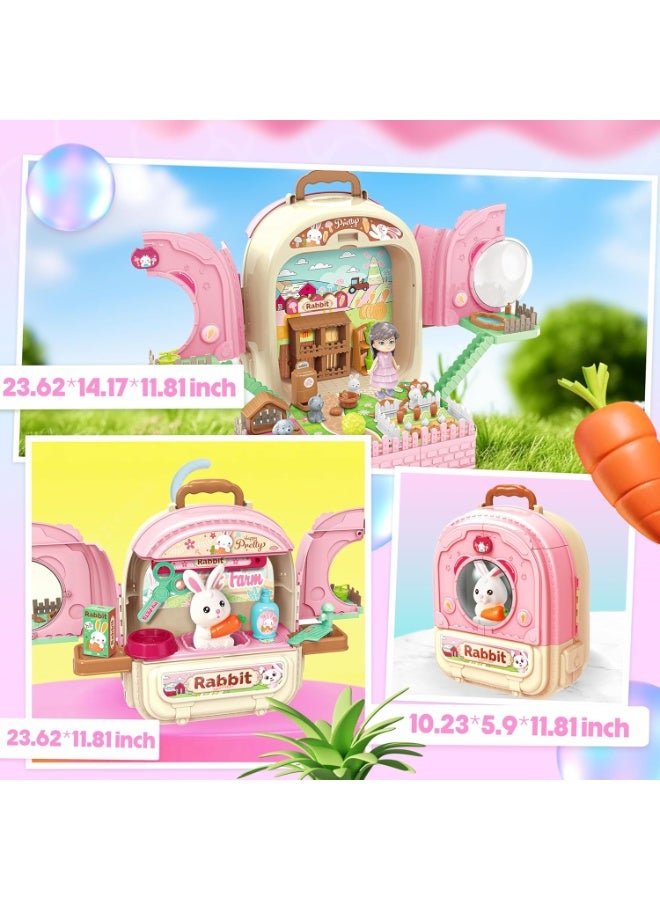 LBMT لعبة لعب تظاهرية لدمية أرنب أليف مع حقيبة ظهر حاملة، مجموعة لعب للعناية 3 في 1، إكسسوارات لعب تظاهرية ولعبة مجفف شعر، مجموعة لعب دور أرنب للفتيات بعمر 3+ عامًا - Image 3
